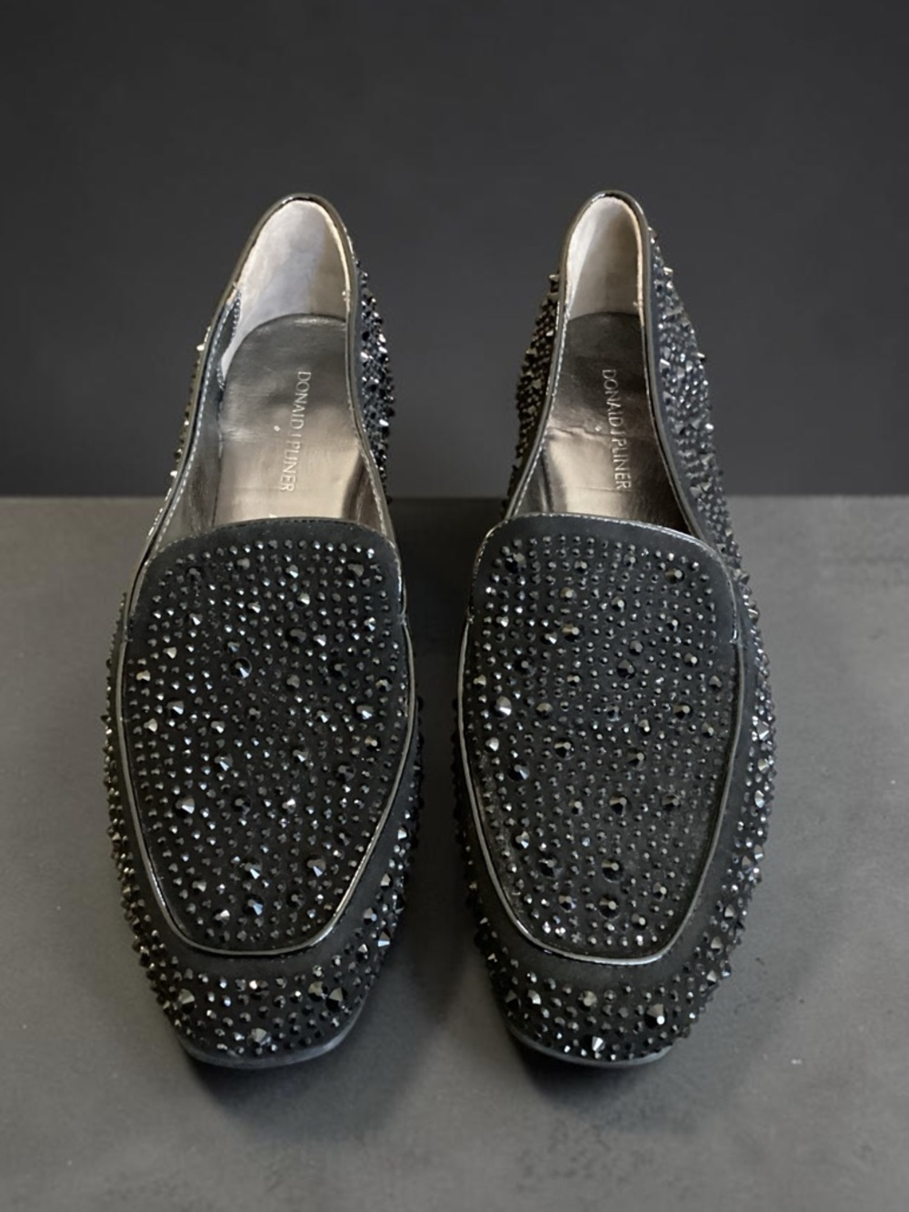 Donald J. Pliner Black Crystal Studs Loafer Flats Helene Suede Size 9.5 M